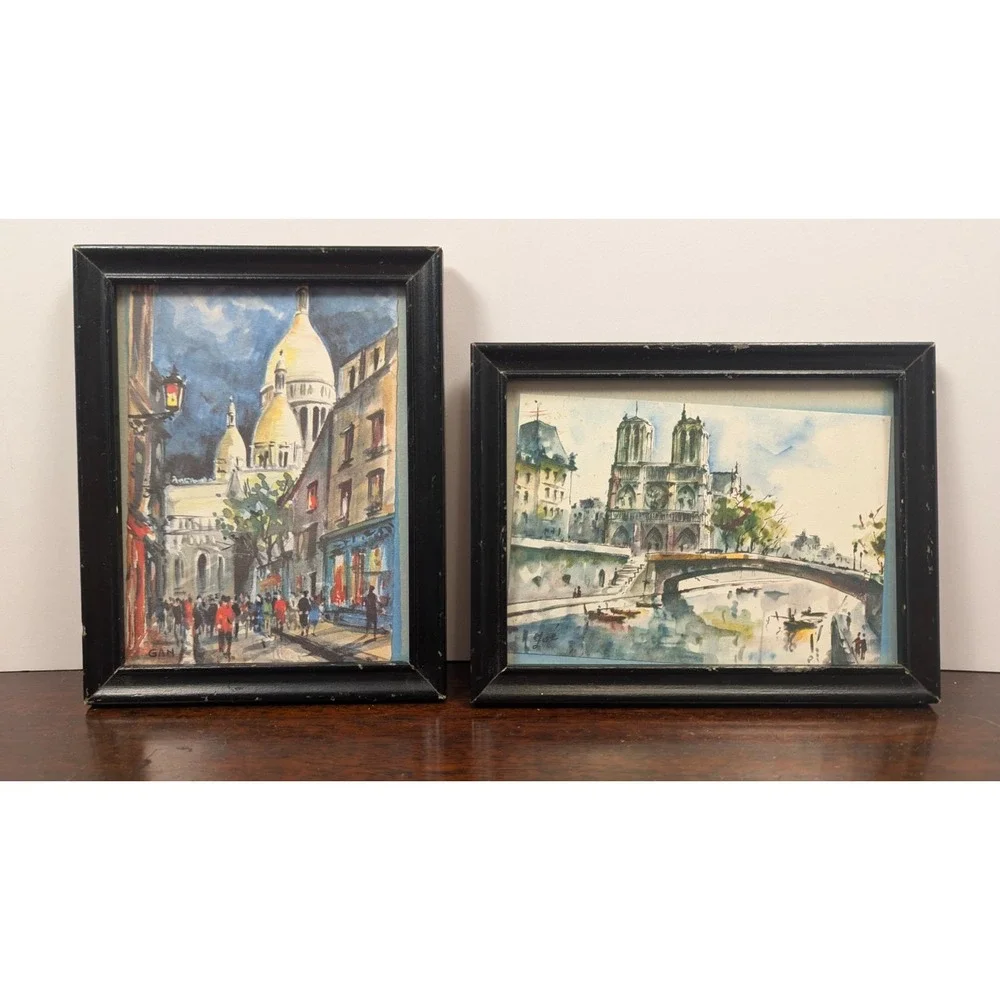 Vintage Paris Postcard Pair Sacré-Cœur Notre Dame Framed Black Wood Frames Set 2